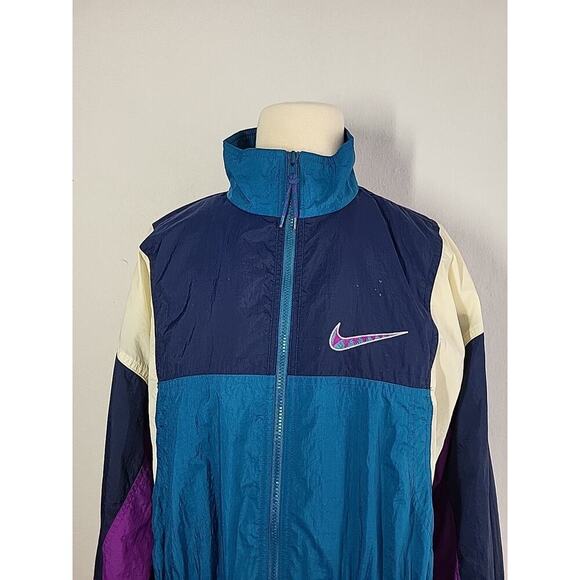 90s Nike Windbreaker Jacket M (10-12) Teal Purple Colorblock BIG Swoosh Track - Picture 8 of 15